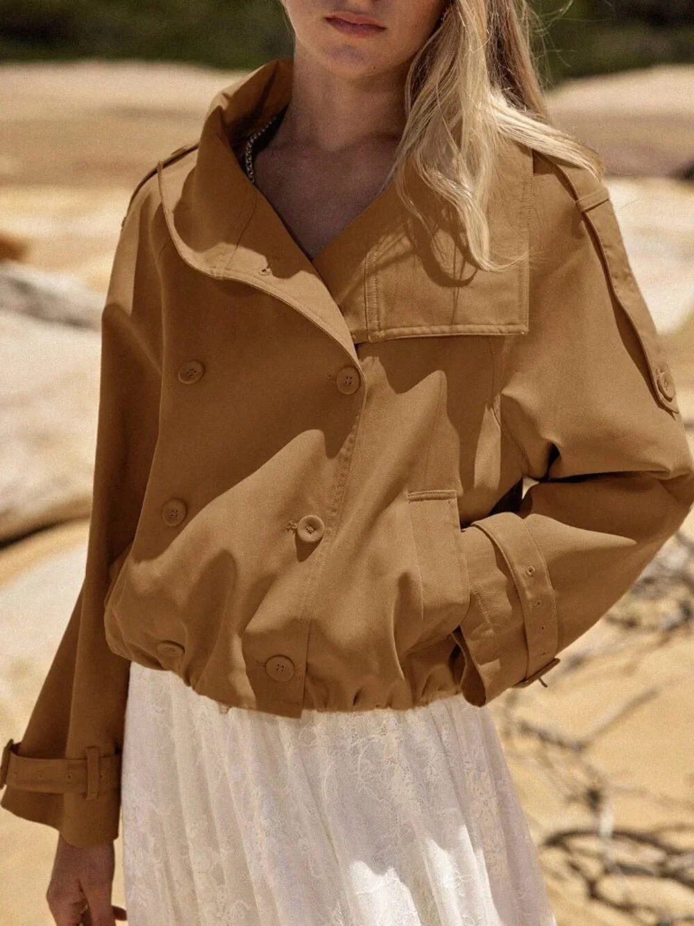 Camel Casual Women's Double-Breasted Short Trench Coat